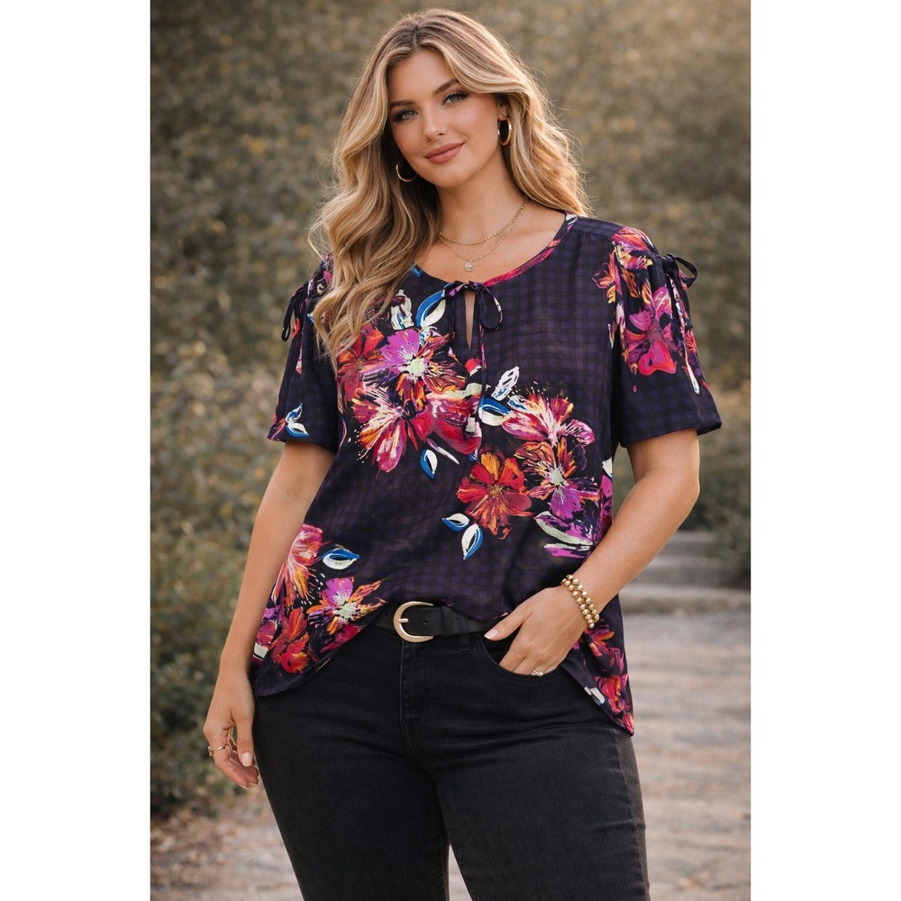 Lane Bryant Top Womens‎ 22/24 Black Floral Sheer Boho Gingham Floral Semi Sheer